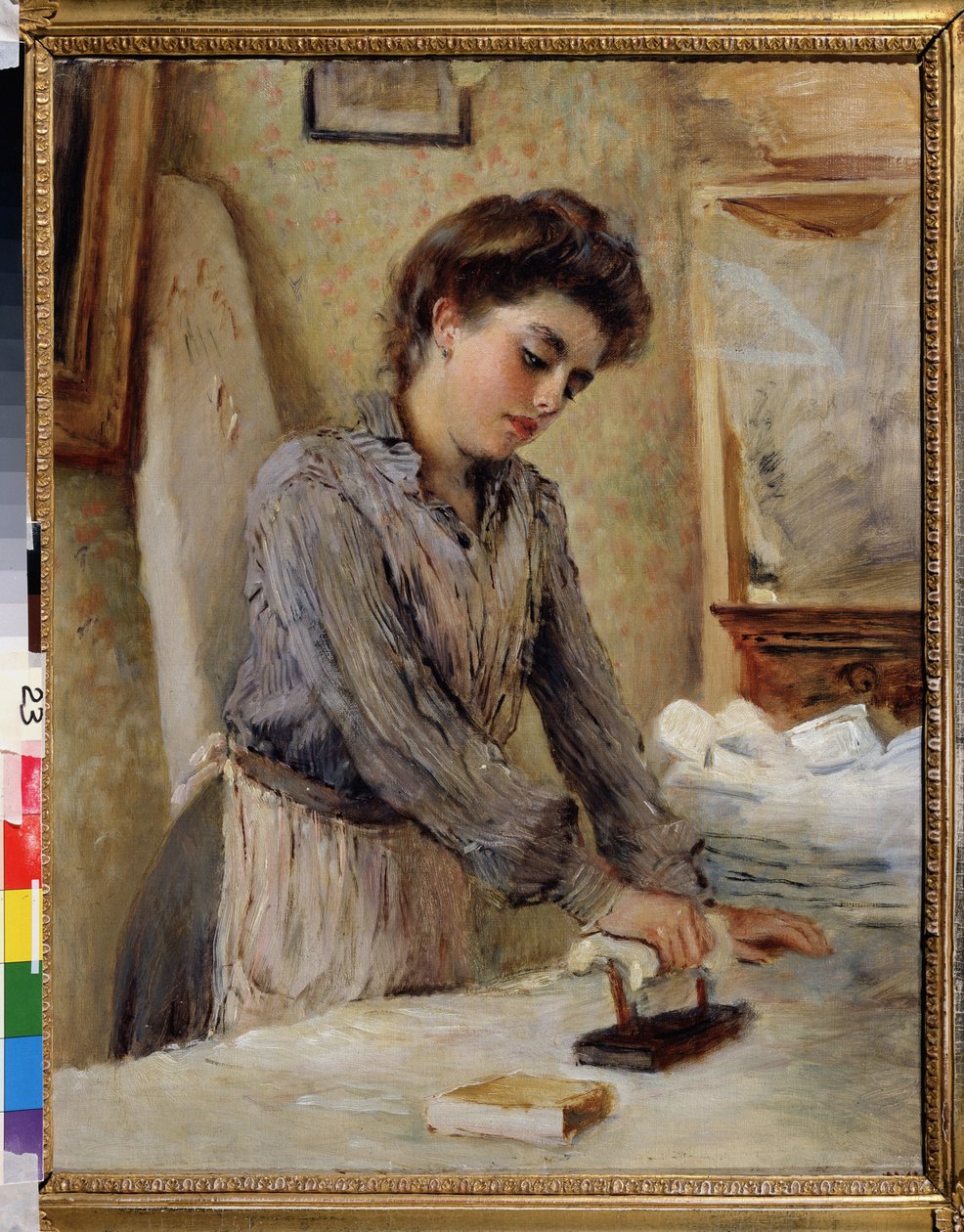 A passadeira - Mulher passando (Woman Ironing). Pintura de Konstantin Yegorovich Makovsky (Constantin Makovsky) (1839-1915), óleo sobre tela, por volta de 1900. Arte russa final do século XIX e início do século XX. Museu Estadual ao Ar Livre, Rostov Kremli de Konstantin Egorovich Makovsky