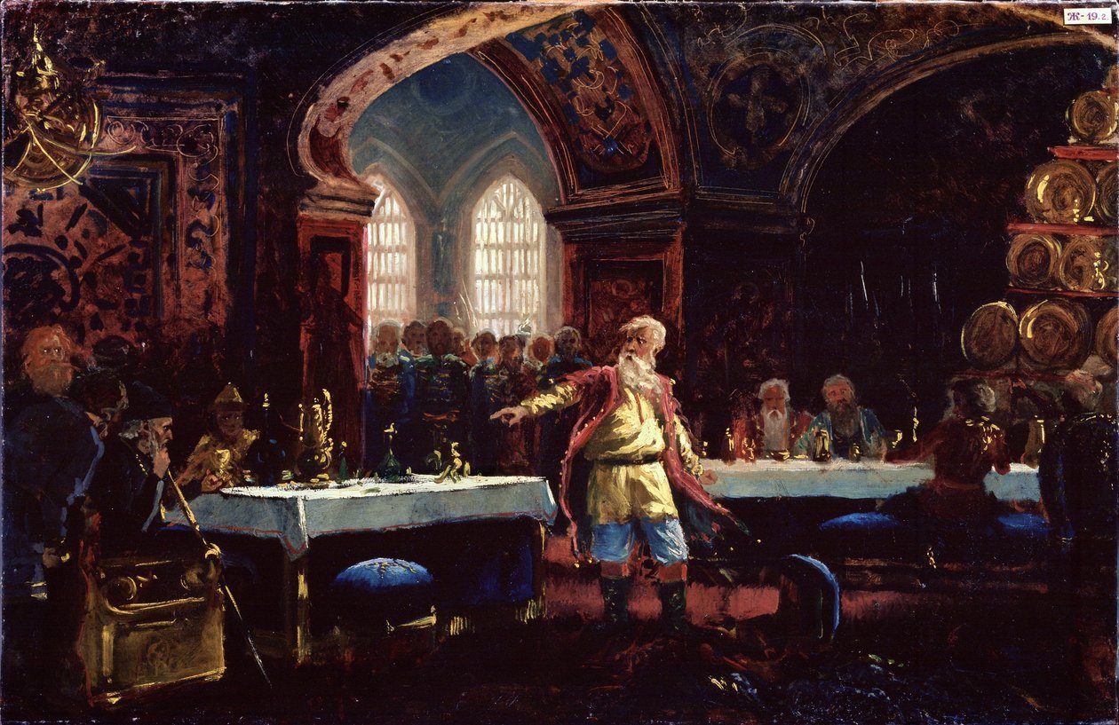 Conde Michael Repnin (?) na festa de Ivan, o Terrível (1530-1584). (Conde Mikhail Repnin em Ivan, o terrível banquete). Repnin, de pé no centro das mesas postas, denuncia a política do czar. Pintura de Konstantin Yegorovich Makovsky (Constantin Mak de Konstantin Egorovich Makovsky