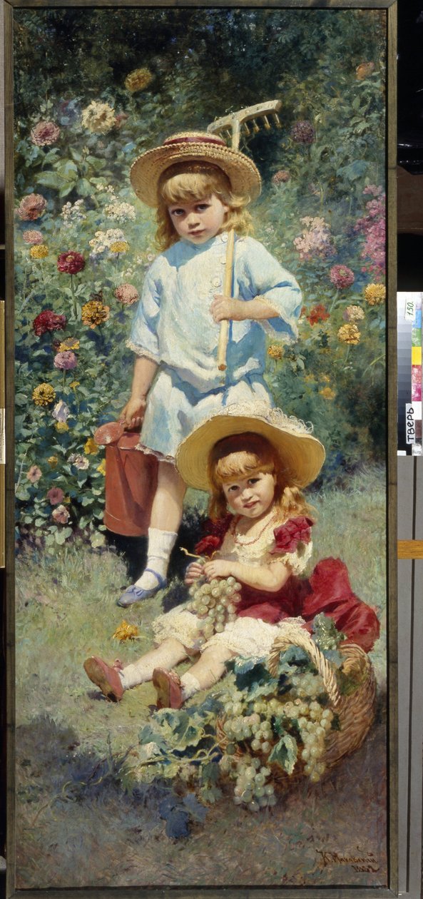 Retratos dos filhos do artista. (Retrato dos filhos do artista). Representado num jardim florido no verão, o mais velho carrega um ancinho e um regador, o mais novo está sentado na relva, junto a um cesto cheio de cachos de uvas. Pintura de Konst de Konstantin Egorovich Makovsky