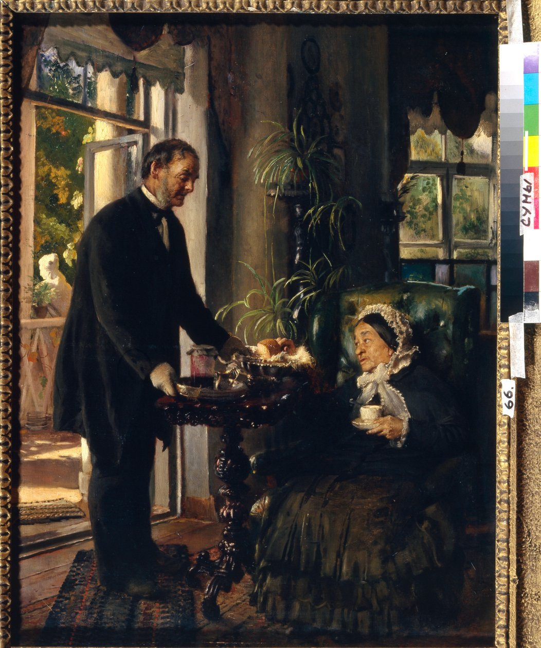 Uma casa senhorial chatelaine (Uma velha senhora está a tomar chá, servido por uma criada que a apresenta com pão e geleia). Pintura de Konstantin Yegorovich Makovsky (Constantin Makovski) (1839-1915), óleo sobre tela de Konstantin Egorovich Makovsky
