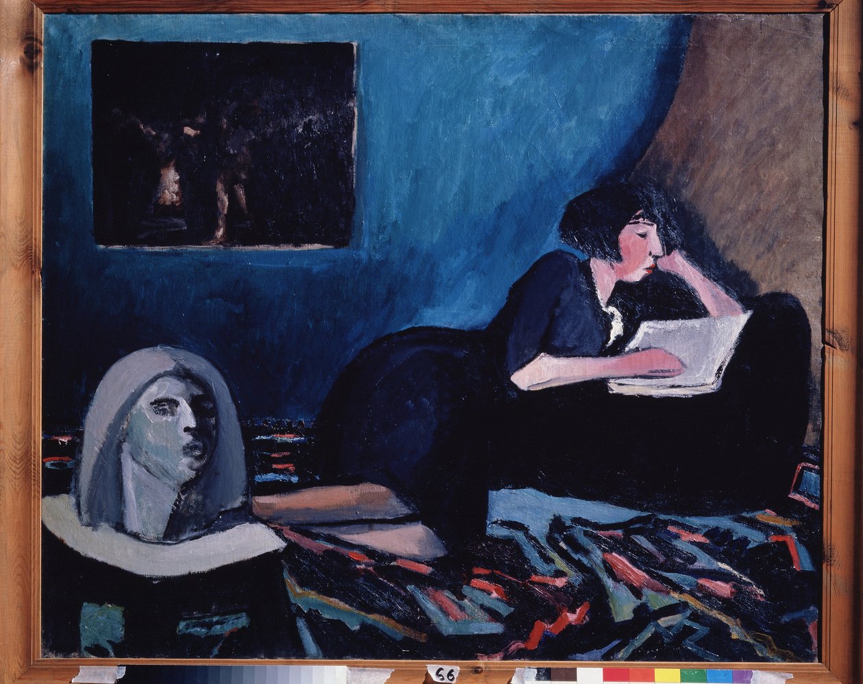 Uma mulher lendo (Uma mulher lendo). Pintura de Konstantin Nikolayevich Istomin (1887-1942), óleo sobre tela 1931 arte moderna russa, século XX. Galeria Estatal Tretyakov, Moscou. de Konstantin Istomin