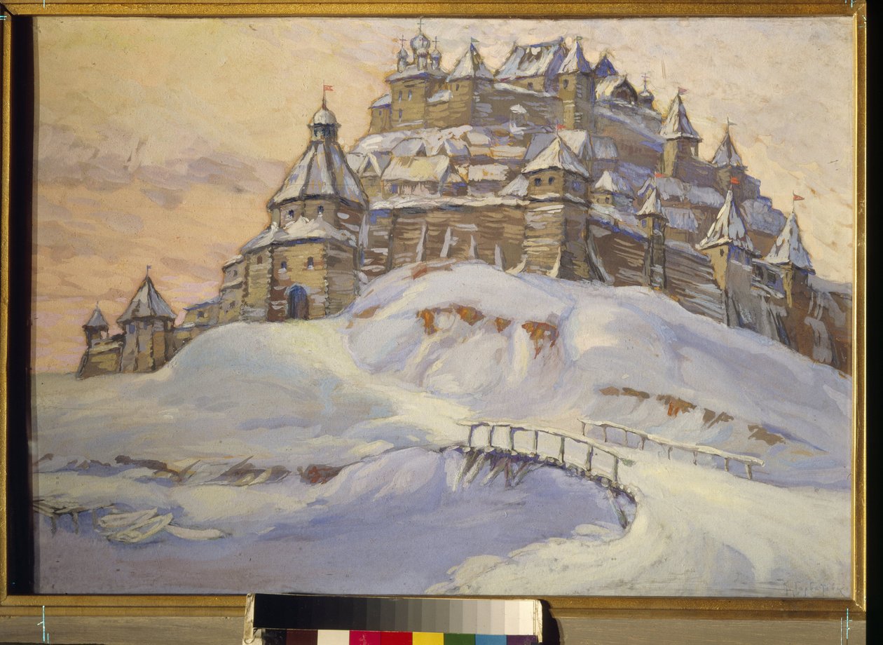 Fortaleza da antiga Rússia (cidade fortificada de madeira sob a neve na Ucrânia na Idade Média). Trabalho de Konstantin (Constantin) Ivanovich Gorbatov (1876-1945), tempera sobre madeira, início do século XX. Colecção privada. de Konstantin Ivanovich Gorbatov