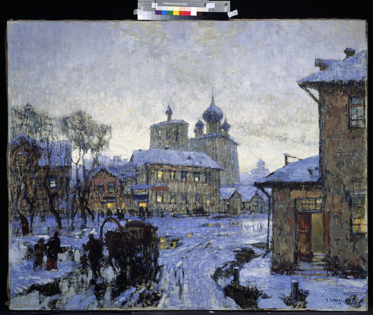 A Paisagem da Aldeia Russa "The Thaw" no fim do Inverno. Pintura de Konstantin (Constantin) Gorbatov (1876-1945) 1910 M. Kroshitsky Art Museum, Sevastopol de Konstantin Ivanovich Gorbatov