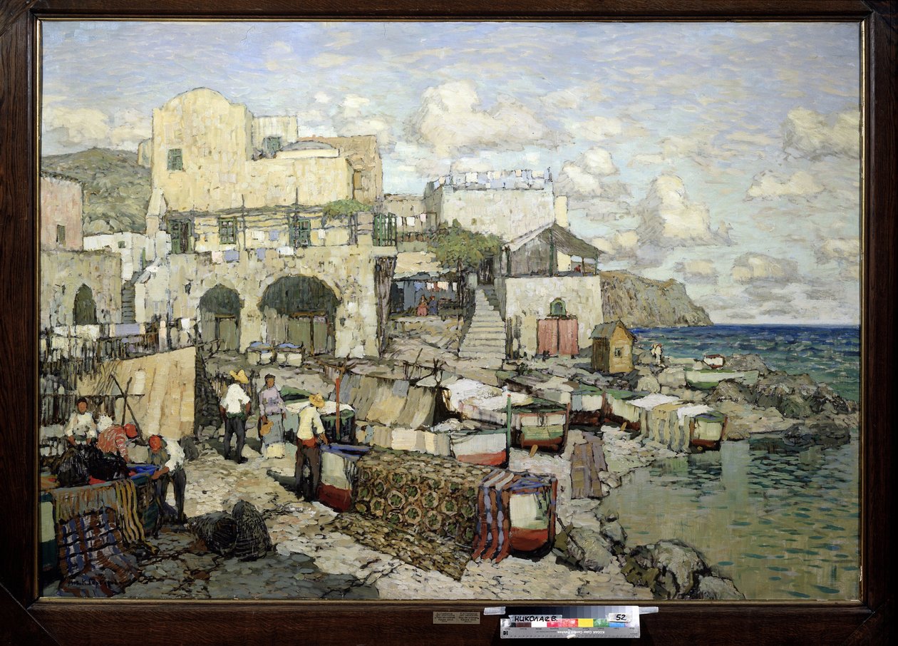 Vista da ilha de Capri (Itália). (Vista da ilha de Capri). Pintura de Konstantin (Constantin) Ivanovich Gorbatov (1876-1945), óleo sobre tela. Arte russa do século XX, realismo. Museu Regional de Arte W.Wereshchagin, Mykolaiv (ou Nikolaiev, Ucrânia) de Konstantin Ivanovich Gorbatov