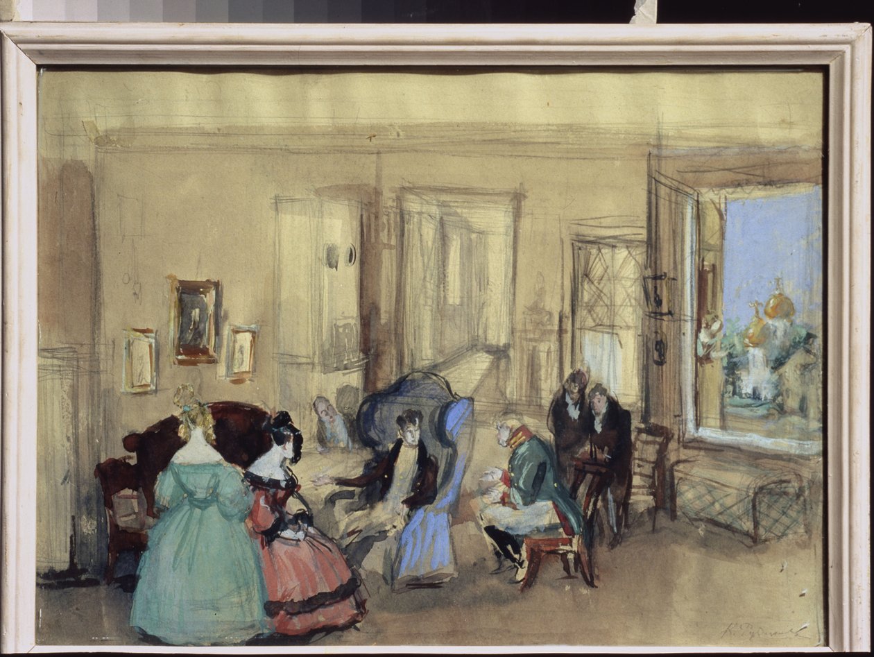 Une scene de la peça de teatro "Le Revizor" de Nicolas Gogol (1809-1852) (Uma cena da peça de teatro The Reviser de N. Gogol) - Oeuvre de Konstantin Ivanovich Rudakov (Constantin Roudakov) (1891-1949), aquarelle et gouache sur papier - Arte cenográfica de Konstantin Ivanovich Rudakov
