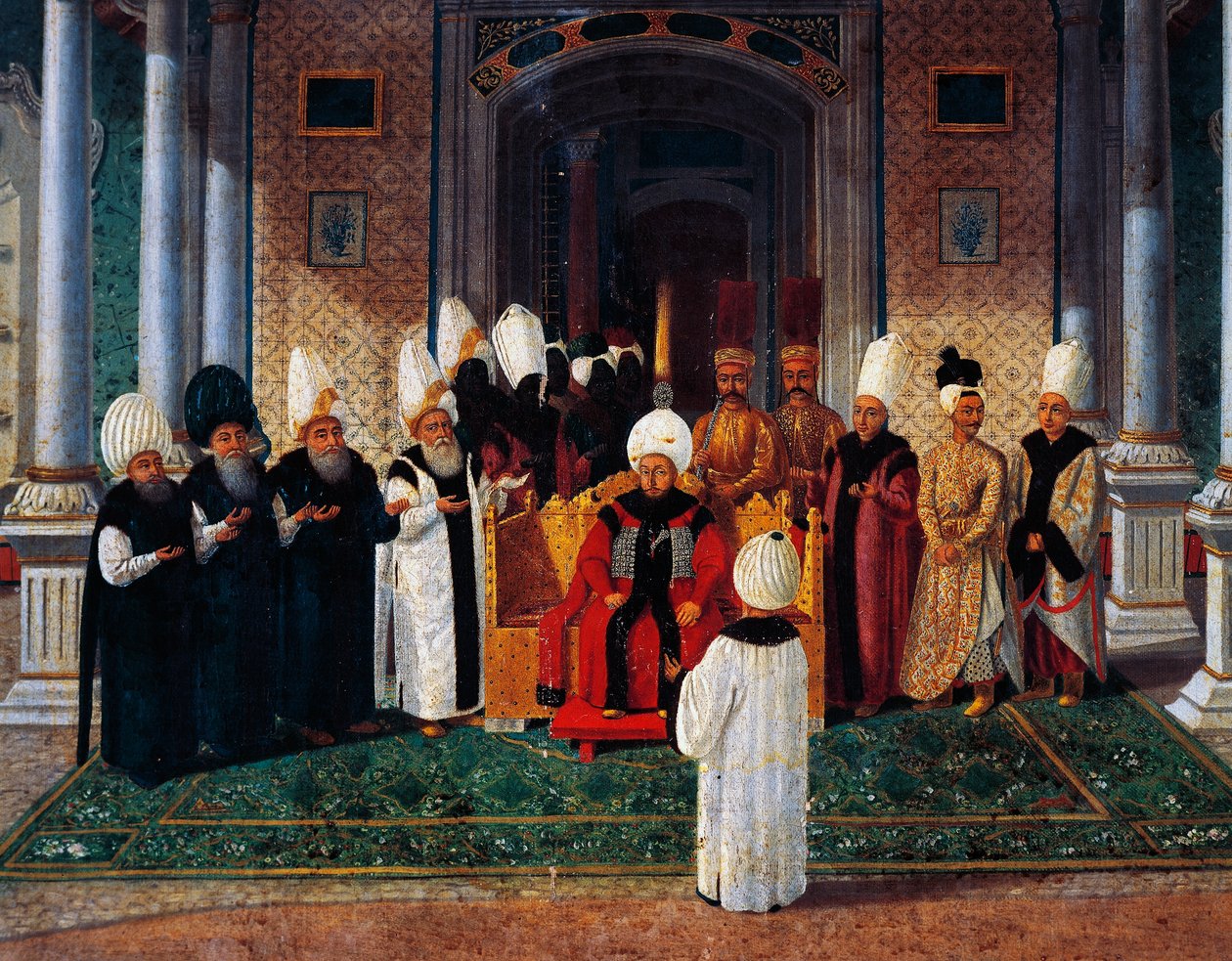 Selim III (1761-1808) a receber dignitários sob o dossel da Porta da Felicidade em Topkapi, pormenor da cerimónia de subida ao trono do Sultão Suleyman III, c.1789 (óleo sobre tela) de Konstantin Kapidagli