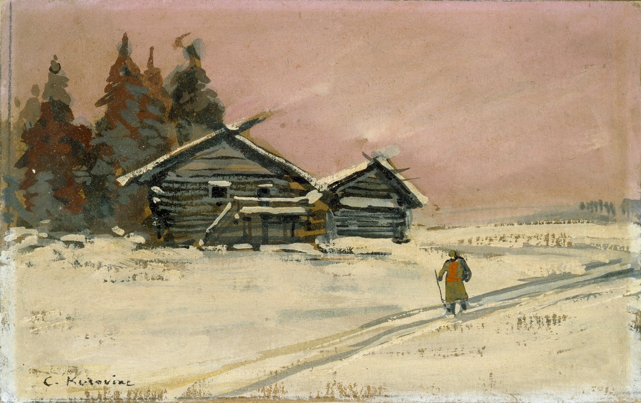 Paisagem de inverno com duas cabanas de madeira, início do século XX de Konstantin Korovin