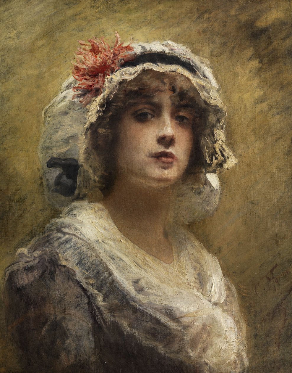 Konstantin Makovsky Retrato de uma jovem rapariga com um gorro de pano branco de Konstantin Makovsky