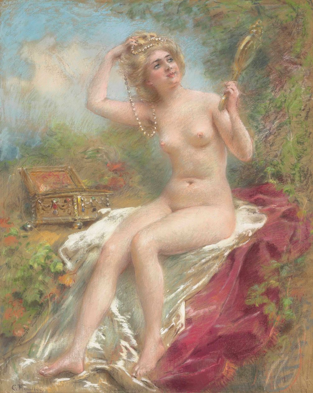 Nu sentado a olhar para um espelho de Konstantin Makovsky