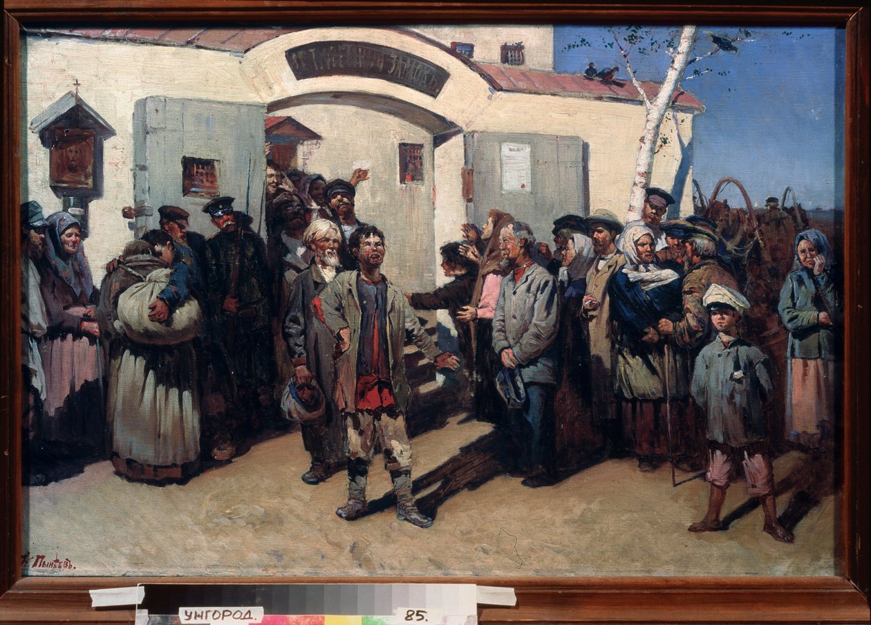 De volta à liberdade. (Libertação dos prisioneiros de uma penitenciária, seus olhos estão fixos no céu e uma multidão emocionada os espera). Pintura de Konstantin Petrovich Pyneev (1868-1922), óleo sobre tela. arte russa de Konstantin Petrovich Pyneev