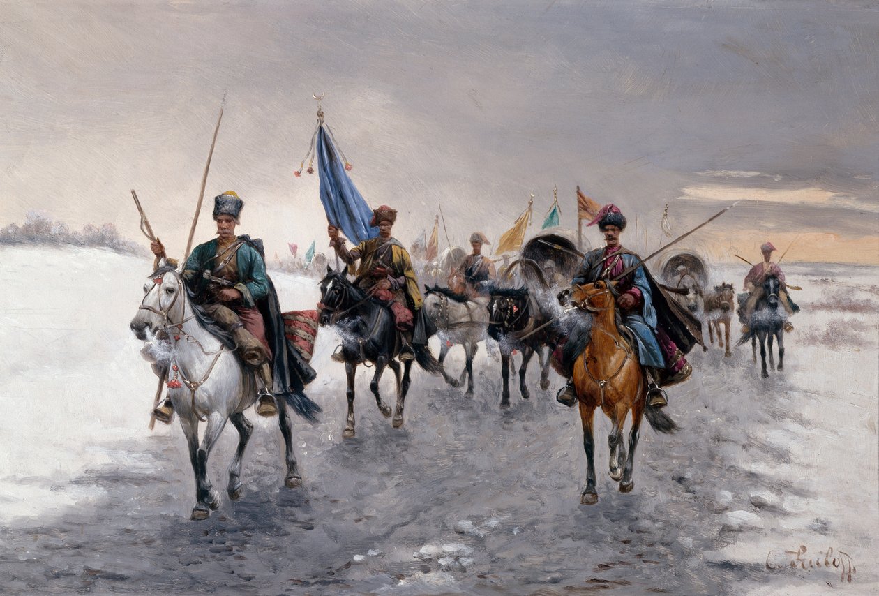 Um transporte de ouro na Sibéria (óleo sobre tela) de Konstantin Stoilov