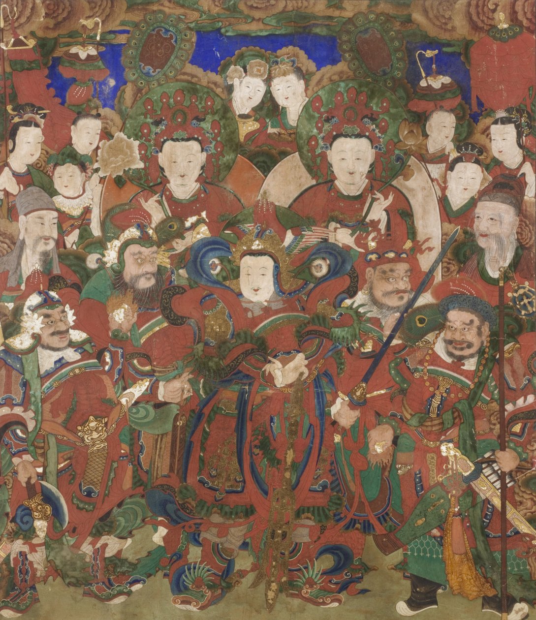 Bodhisattvas da Proteção da Doutrina Budista, 1891 (painel, tinta e cor no algodão) de Korean School