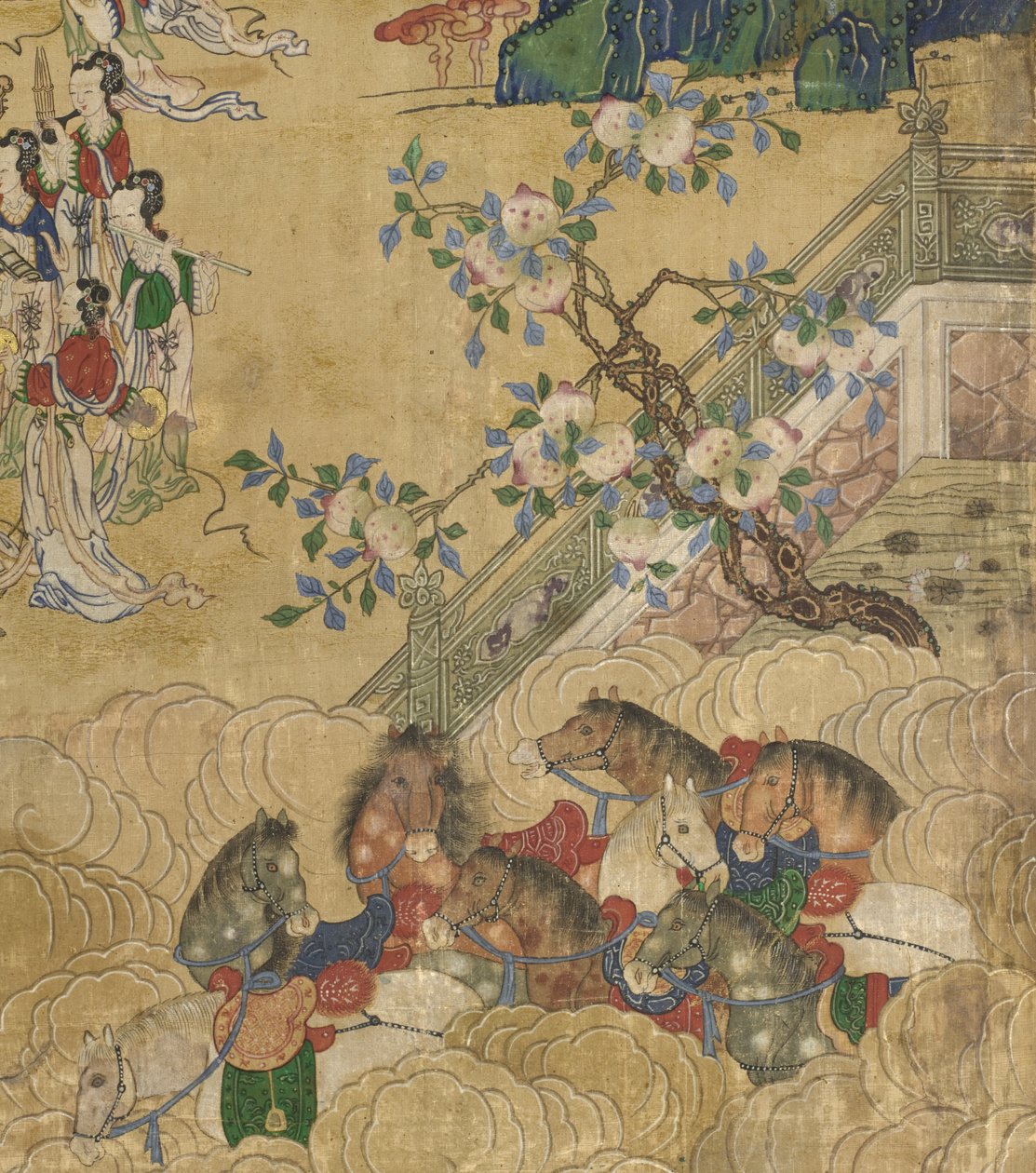 Detalhe do Banquete de Seowangmo, c.1800 (tinta, cor e ouro em seda) de Korean School