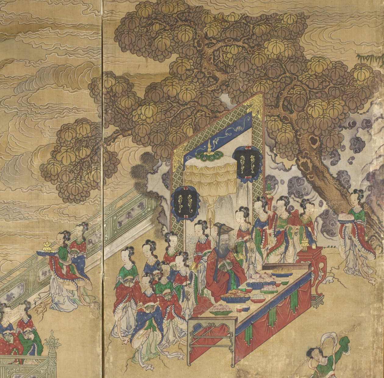 Dongwanggong, detalhe do Banquete de Seowangmo, c.1800 (tinta, cor e ouro em seda) de Korean School