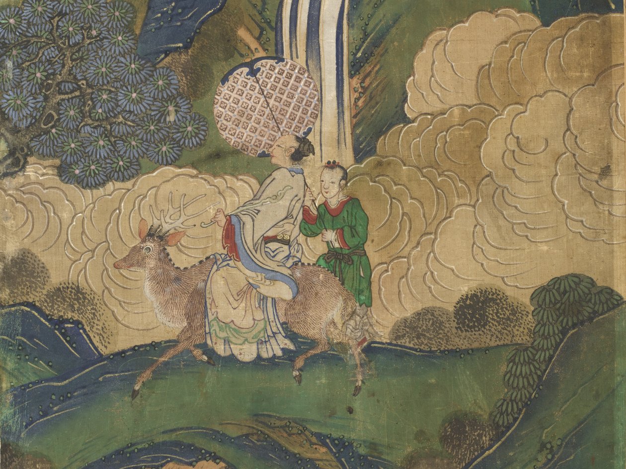 Convidado chegando, detalhe do Banquete de Seowangmo, c.1800 (tinta, cor e ouro em seda) de Korean School