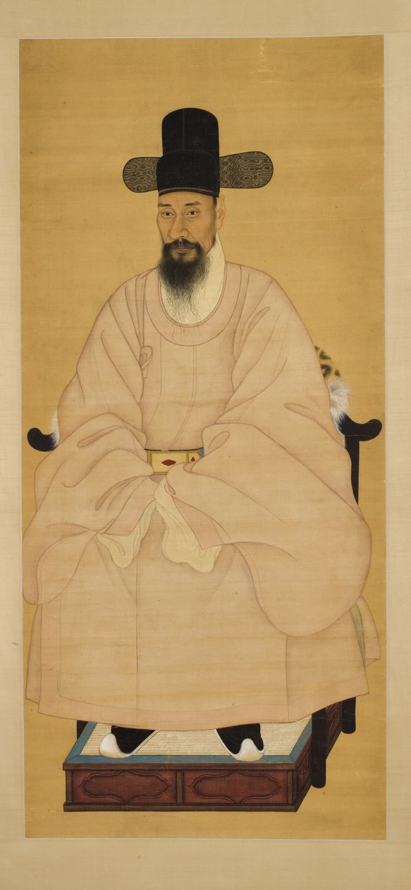 Retrato de um acadêmico-oficial em um manto rosa, do século 19 (rolagem de suspensão, tinta e cor na seda) de Korean School