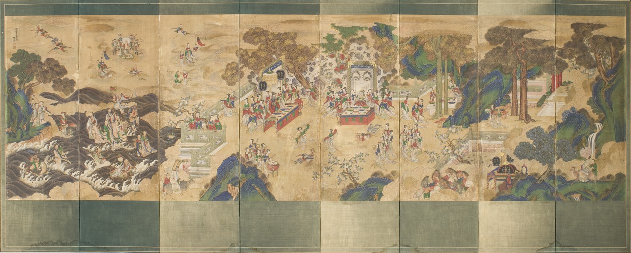 O banquete de Seowangmo, c.1800 (tinta, cor e ouro em seda) de Korean School
