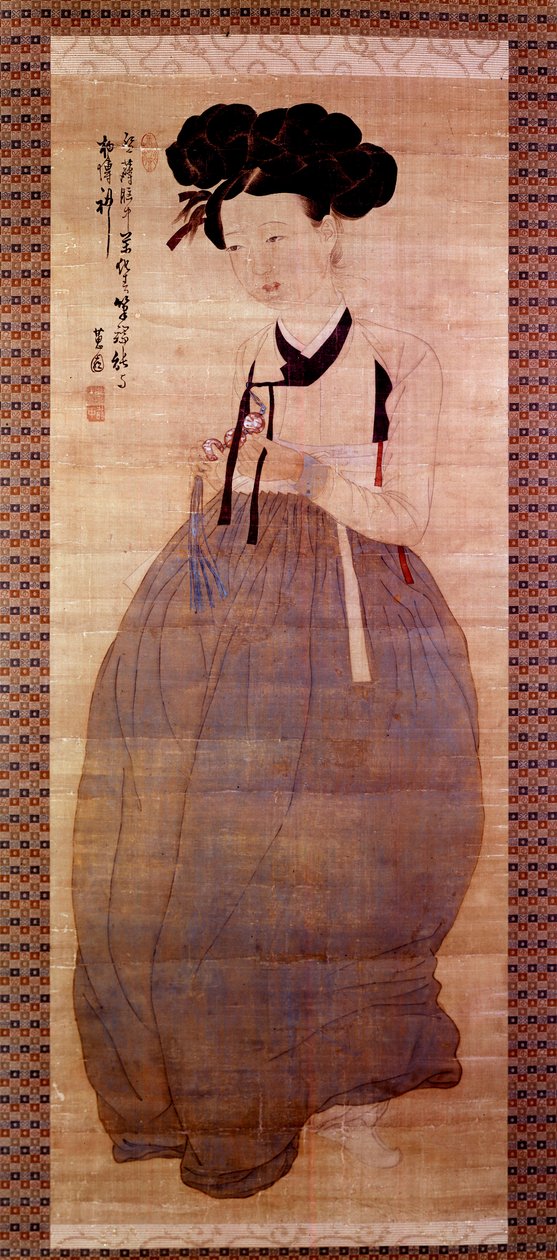 Art Coreen: Retrato de gueixa (Corean girl in geisha figurino). Impressão de 1758. Coleção particular. de Korean School