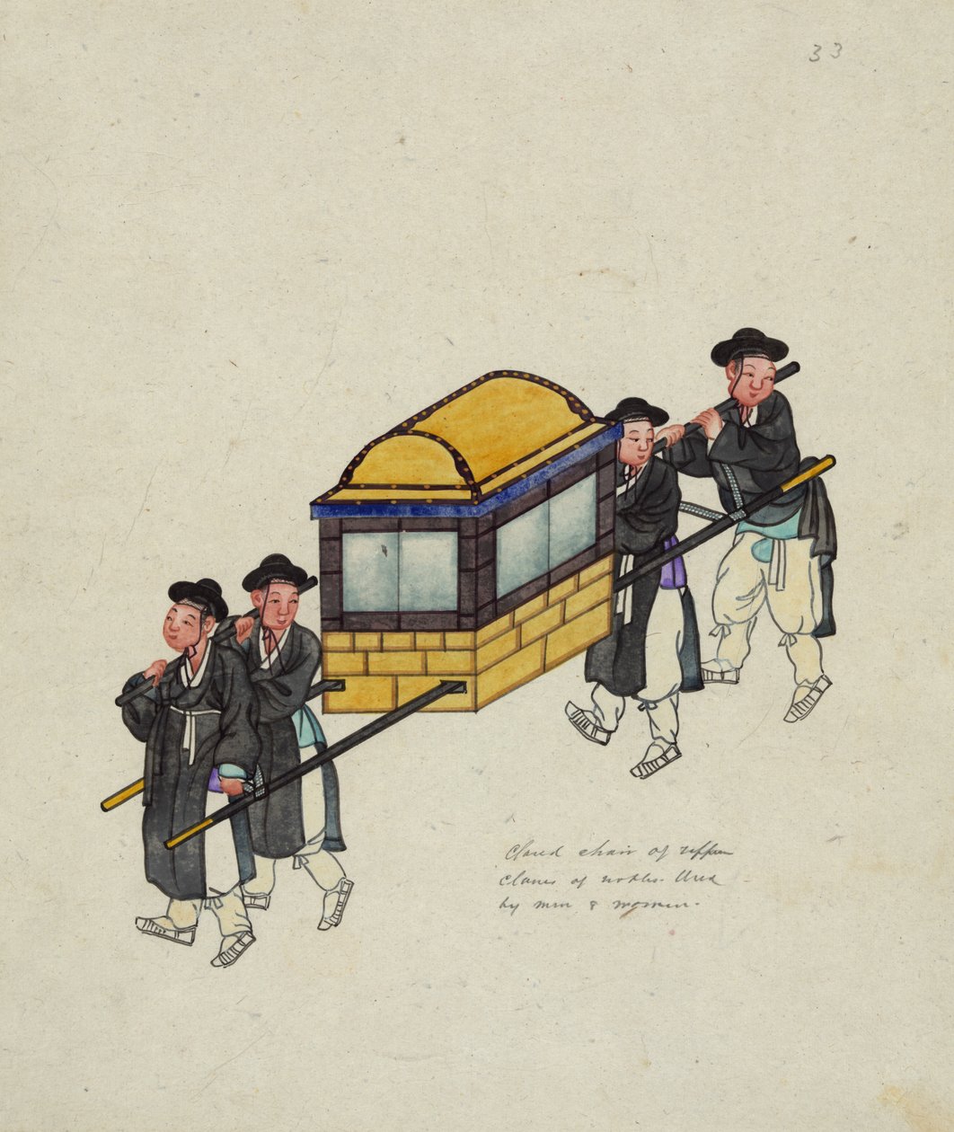 Quatro carregadores carregando um oficial em uma "gama" ou palanquim, c.1890 de Korean School