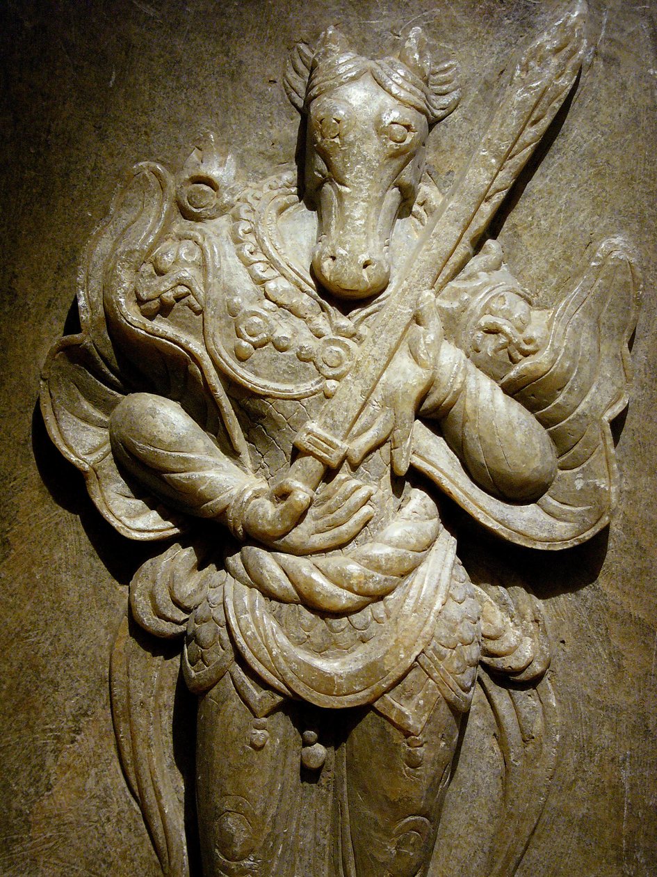 Grave ornamento, cavalo zodíaco sobre agalmatolita, século VIII sob o período dos reinos do Norte e do Sul, Coreia. Fotografia, Museu Nacional de Seul, República da Coreia de Korean School