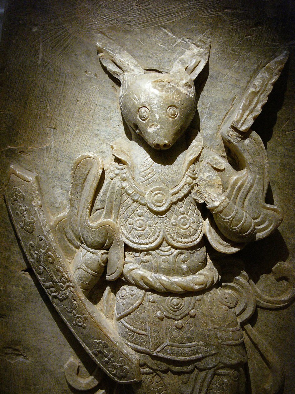 Grave ornamento, coelho zodíaco sobre agalmatolita, século 8 sob o período dos Reinos do Norte e do Sul, Coréia. Fotografia, Museu Nacional de Seul, República da Coreia de Korean School