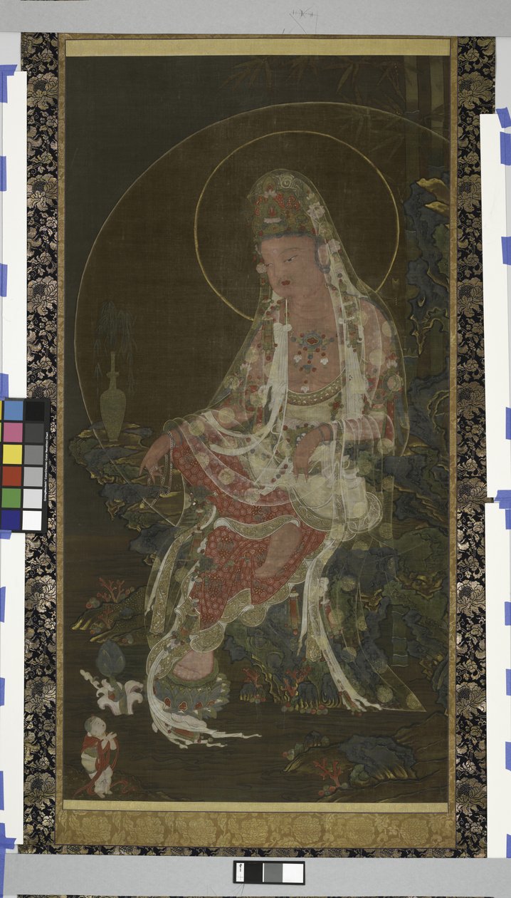 Ramo de Bodhisattva Avalokiteshvara de Salgueiro (Kwanseûm Posal) Sentado num Jardim do Paraíso, Dinastia Koryo (tinta, cor e ouro em seda) de Korean School
