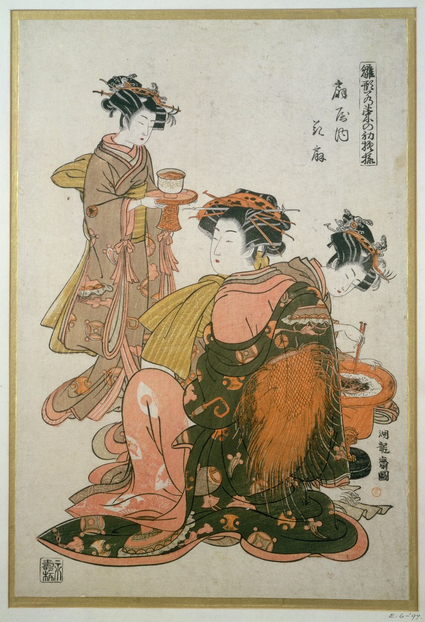 Três mulheres, preparar, um, refeição, 19o século, (woodblock) de Koriusai
