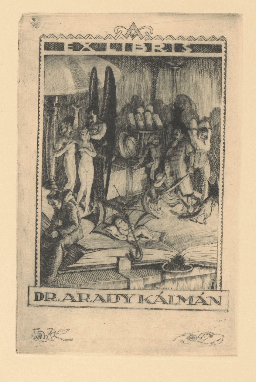 Ex libris por Kálmán Arady
Ex libris dr. Kálmán Arady (título sobre o objecto) de Kornél Révész