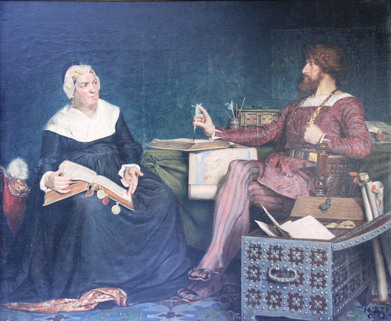 pintura de uma cena onde Sigbrit revisa as contas personalizadas juntamente com o rei Christian II de Denmar de Kristian Zahrtmann