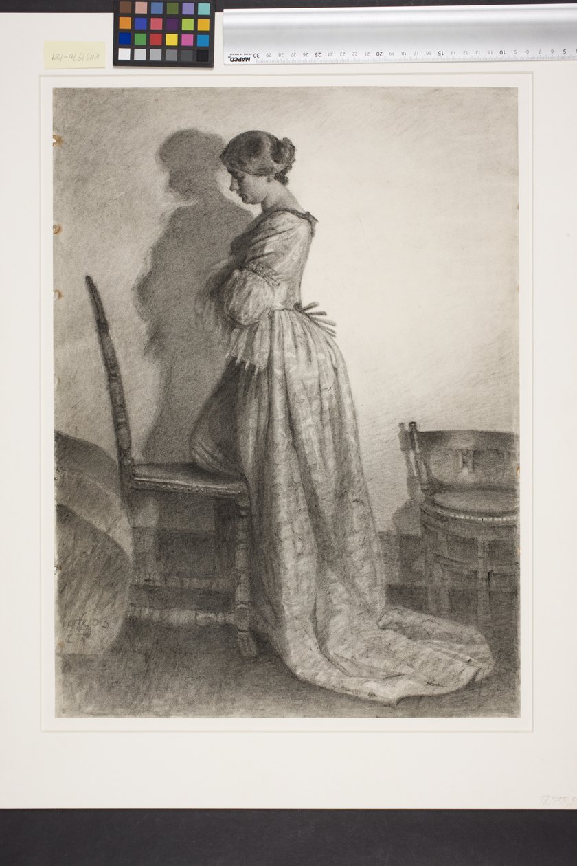 Marie Grubbe, logo após o divórcio de Ulrik Frederik Gyldenløve. Figura completa em pé de perfil à esquerda de Kristian Zahrtmann