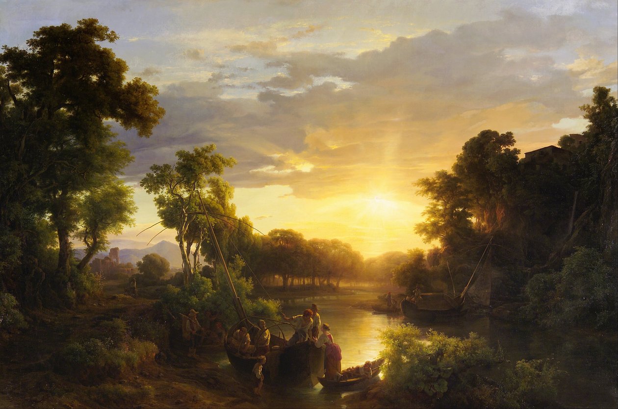 Paisagens italianas ao pôr do sol, pescadores de Károly Markó