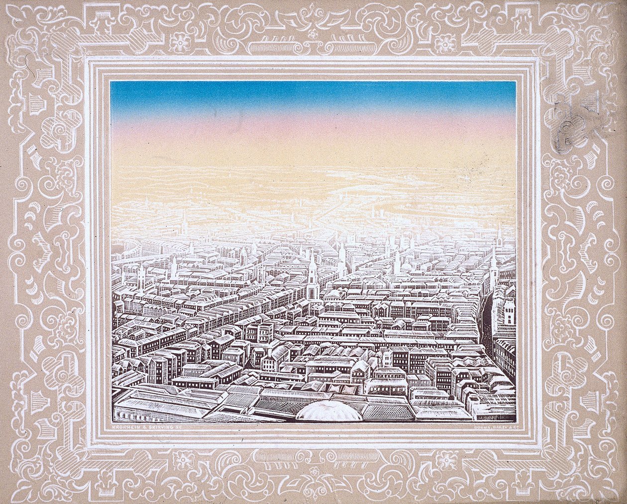 Vista aérea de Londres emoldurada por uma borda decorativa, c1845 de Kronheim and Co