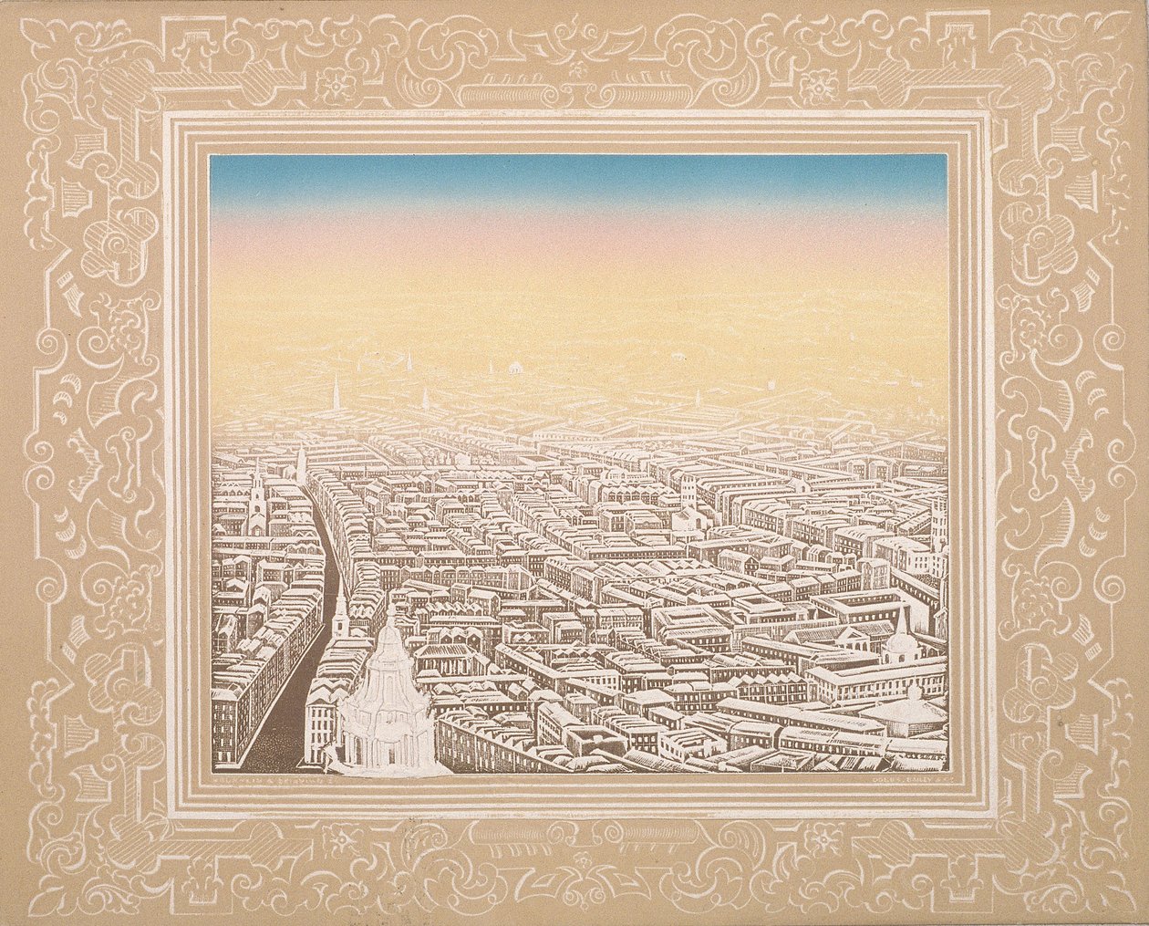 Vista aérea de Londres emoldurada por uma borda decorativa, c1845 de Kronheim and Co