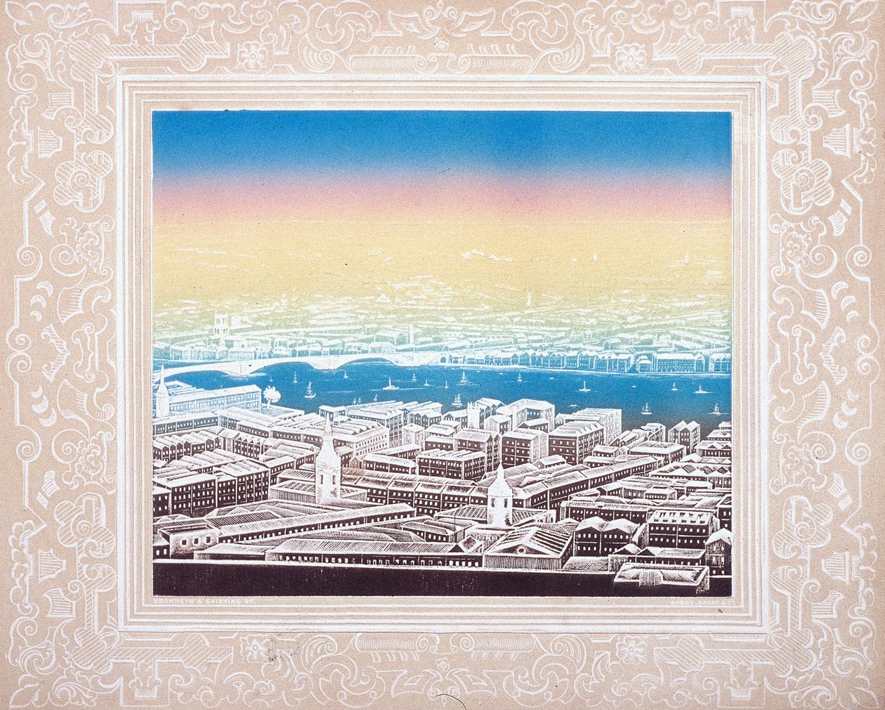 Vista aérea de Londres com borda decorativa, c1845. de Kronheim and Co