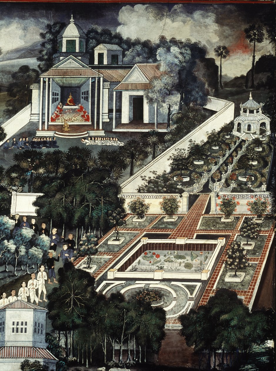 Detalhe, de, um, mosteiro, com, um, jardim, parede, quadro de Krua Inkhong