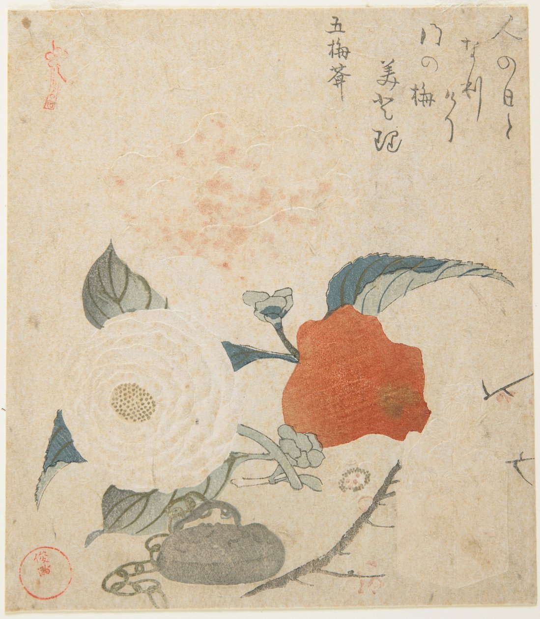 (Um ramo de ameixa, uma flor de peónia e um selo de metal) de Kubo Shunman