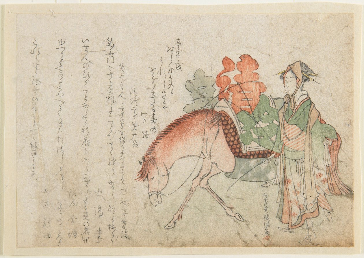 Mulher com um cavalo de carga de Kubo Shunman