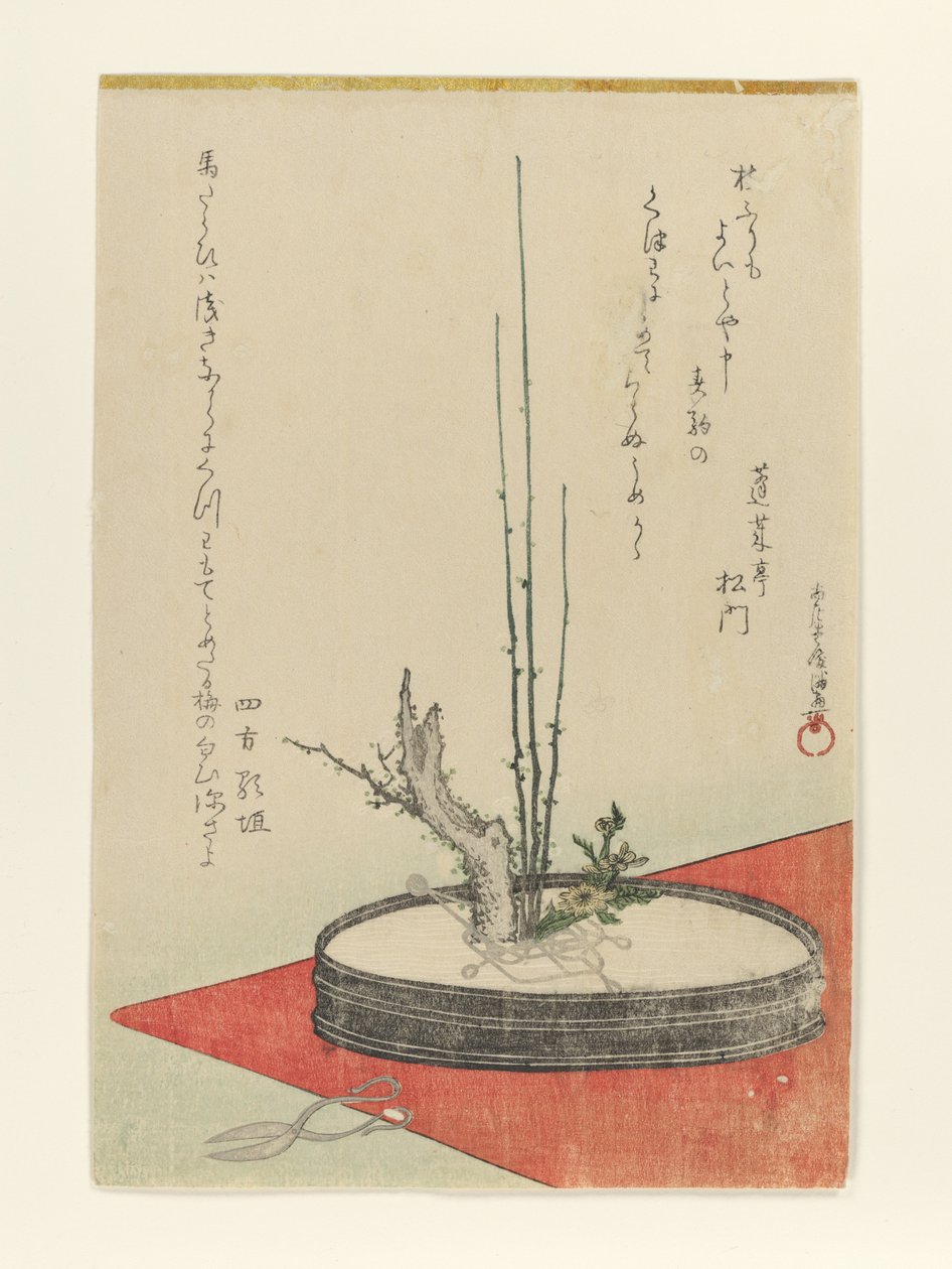 Arranjo de ameixeira, Fukujusō (adonis) e tesoura de Kubo Shunman
