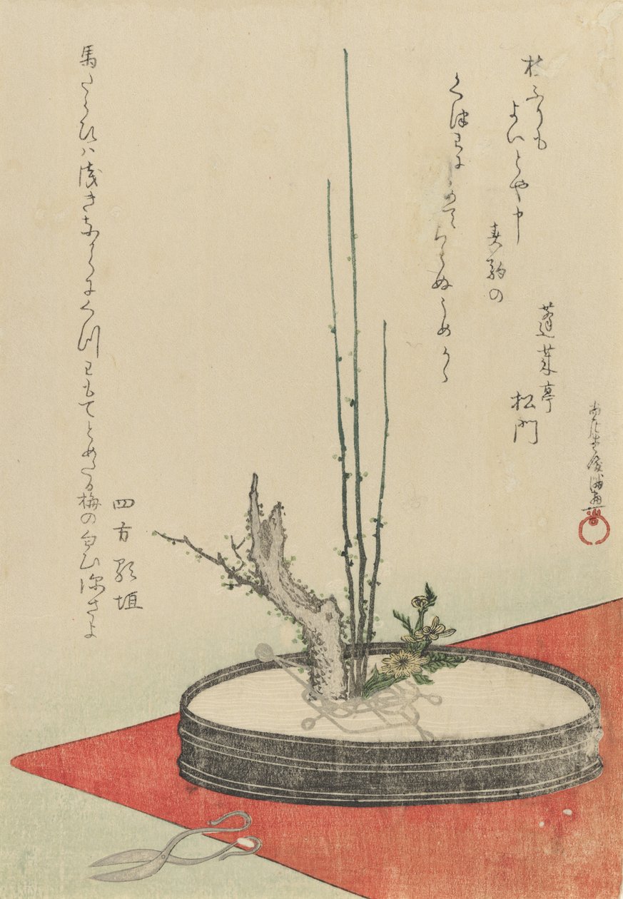 Arranjo de Ameixa, Flor de Fukujuso Adonis, e Tesoura, 1798. de Kubo Shunman