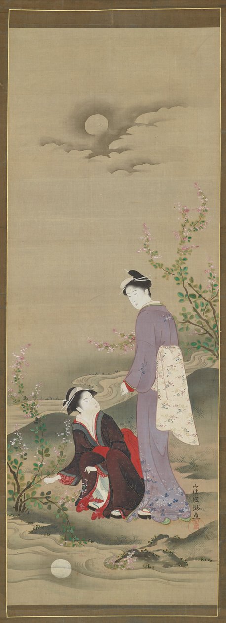 Outono: Duas mulheres a olhar para o reflexo da lua, no início do século XIX. de Kubo Shunman