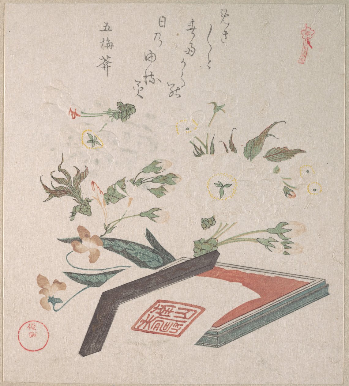 Flores de cerejeira e caixa de selos com tinta e régua de Kubo Shunman