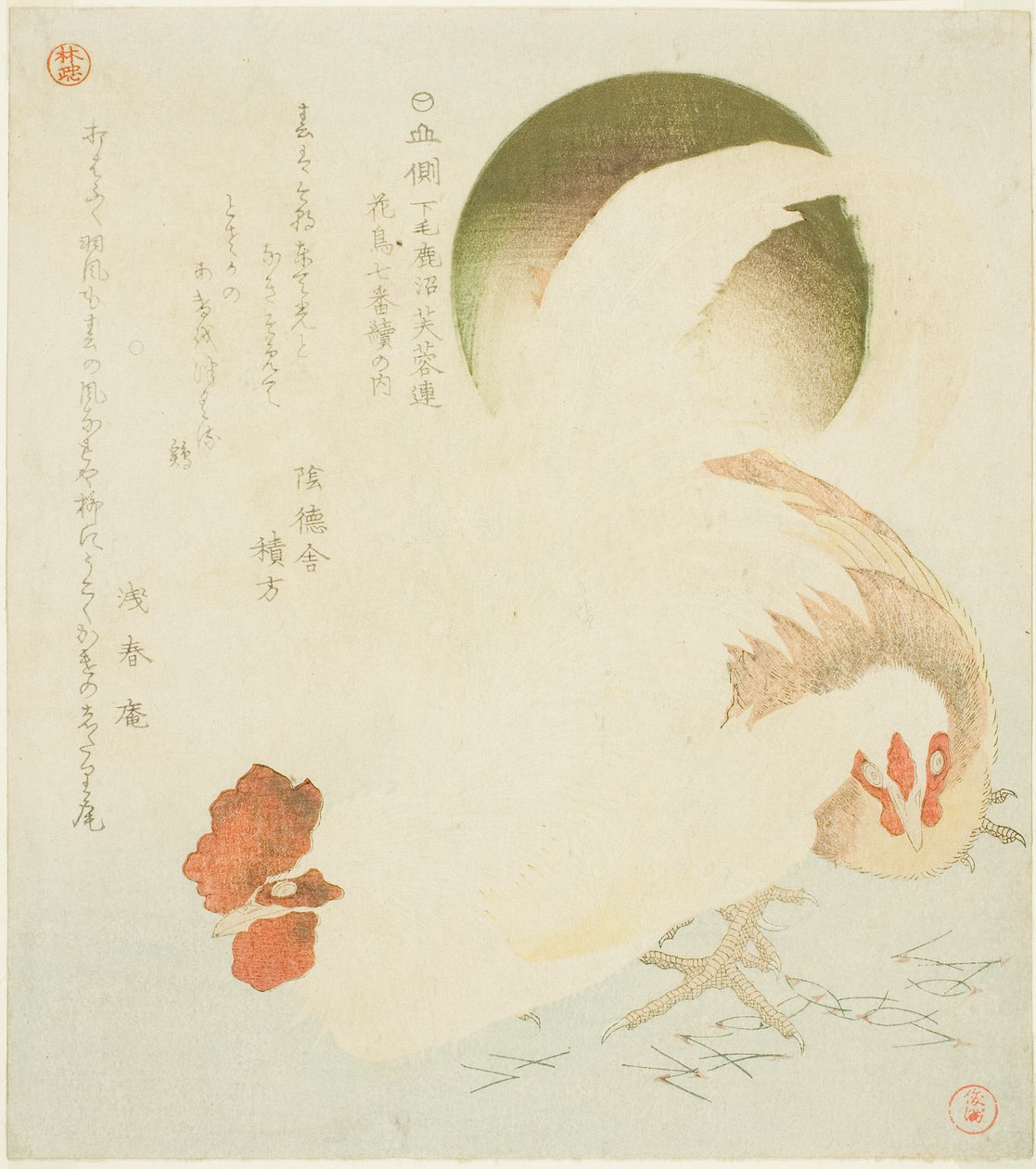 Cock, Hen e Rising Sun, da série "Seven Bird-and-flower Prints for the Fuyo Circle of Kanuma in Shimotsuke Province (Yamagawa Shimotsuke Kanuma Fuyo-ren kacho nanaban tsuzuki no uchi)" de Kubo Shunman