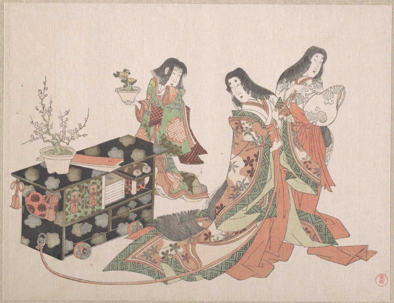 Damas da corte a arrastar um armário pelo chão de Kubo Shunman