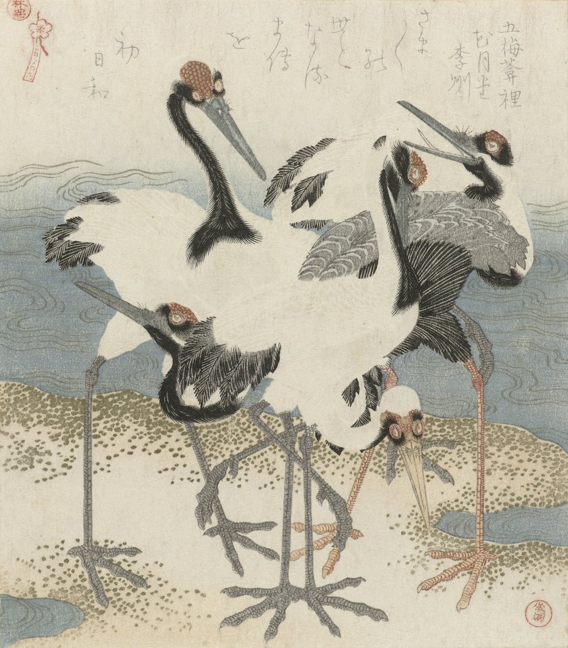 Guindastes pela água, c.1816 (cor xilogravura) de Kubo Shunman