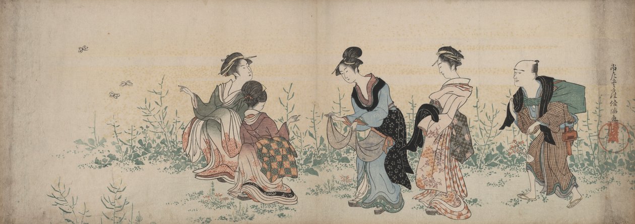 Quatro meninas e um servo desfrutando de flores silvestres e borboletas de Kubo Shunman