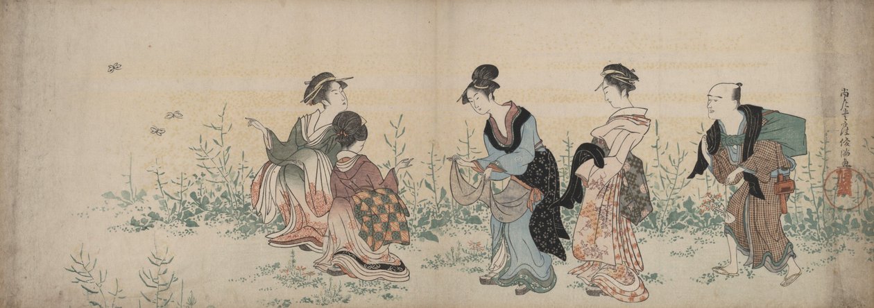 Quatro raparigas e uma criada a apreciar as flores silvestres e as borboletas de Kubo Shunman