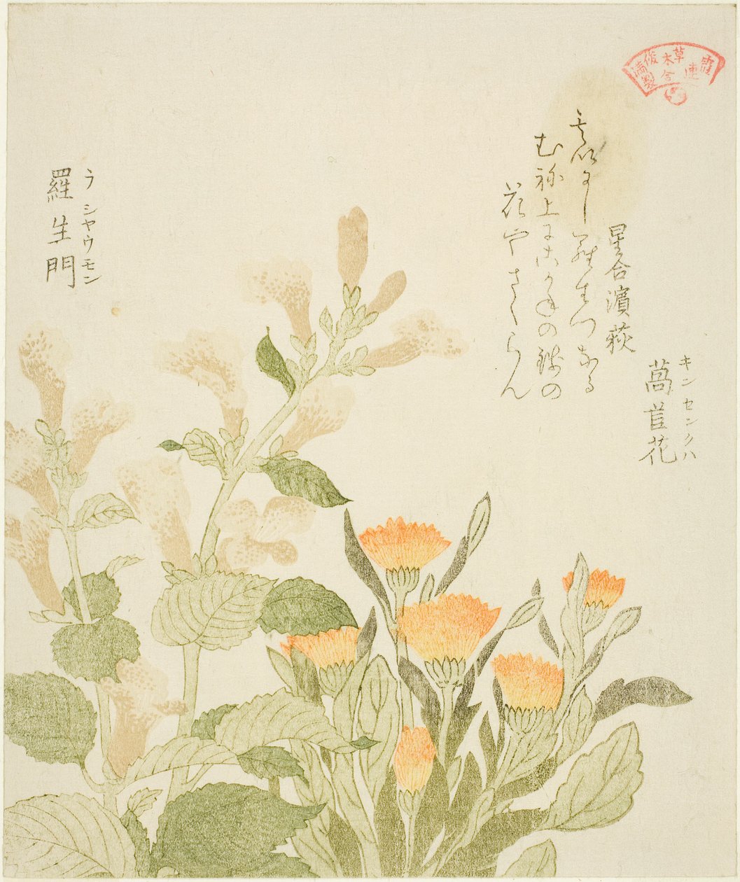 O Círculo de Poesia Kasumi - Calêndula (Kinsenka) e Flores Rashomon de Kubo Shunman