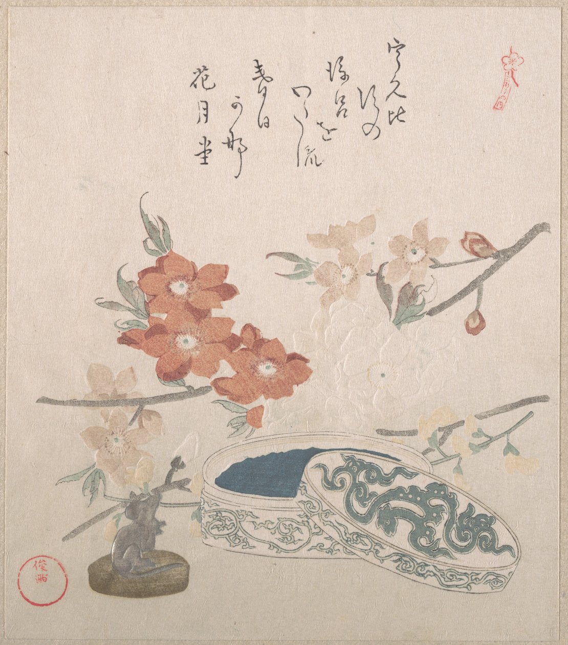 Flores de pessegueiro, um selo e uma caixa para selos de Kubo Shunman