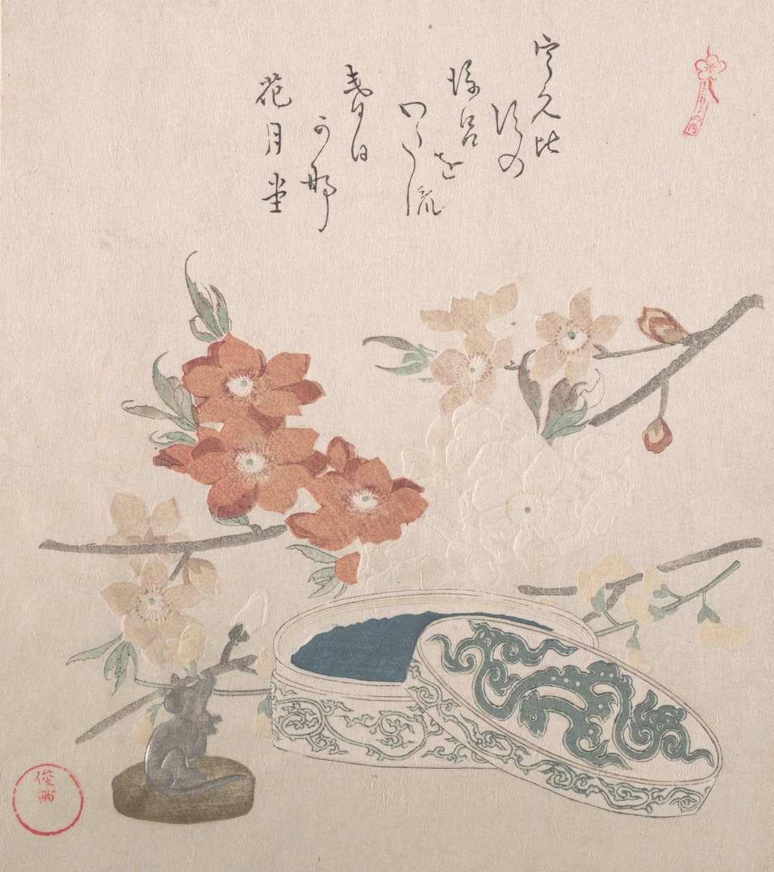 Flores de Pêssego, um Selo e uma Caixa de Selos, século XIX. de Kubo Shunman