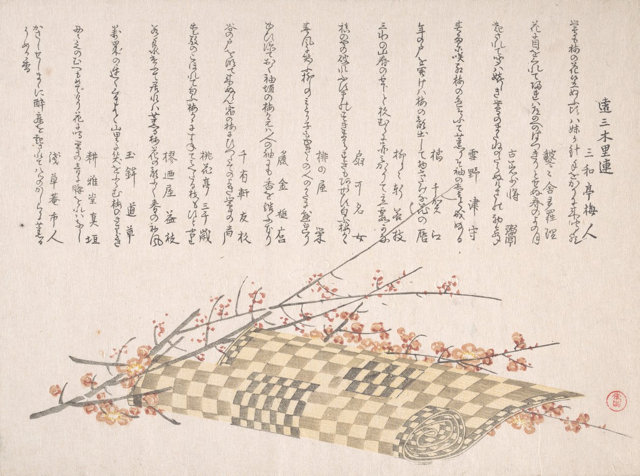 Ramos de Ameixa com Flores e um Esteira Rolada, século XIX. de Kubo Shunman